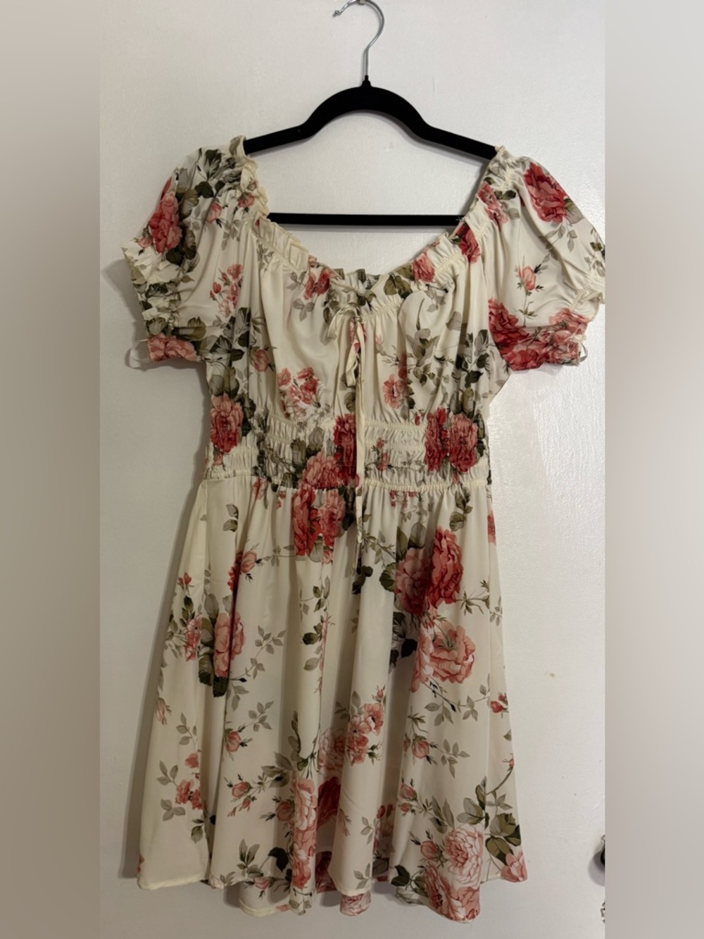 SHEIN Cream Dress with Pink and Red Rose Print size L or Size 8/10 NIB